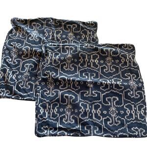 Set of 2 Custom Made Navy Blue Cream Ikat Cotton Pillow Covers 22 In Square